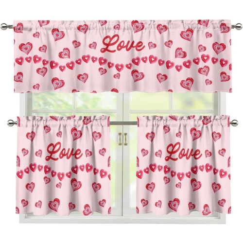 Pink Printed Valance and Tier Curtains 54" W