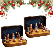 Mini presepe in scatola di latta – Statuine della Sacra Famiglia in resina