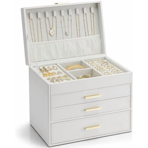 4-Layer Jewelry Box Organizer – White, Synthetic Leather