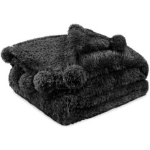 Taupe Sherpa Throw Blanket with Pom Poms 50x60 in