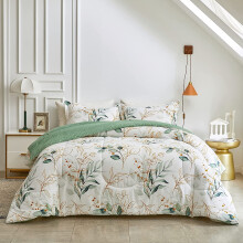 King Botanical Comforter Set Green Gold Leaves White 3pcs