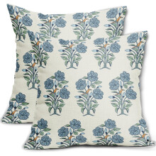 Conjunto de 2 capas de almofada em linho com estampa floral azul em blocos, 45x45 cm.