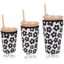 Funda de neopreno para vaso de café helado con estampado de flores negras (1 unidad)