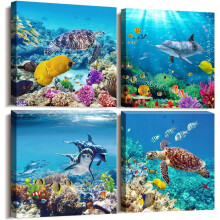 4-Piece Coral and Fish Canvas Wall Art 40x40cm