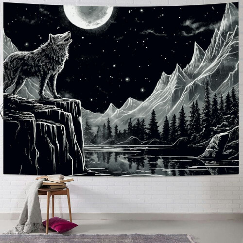 Tapiserie cu lup alb-negru, munte, 152x127 cm