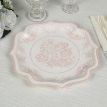 White & Pink Floral Paper Plates with Scallop Trim – 25