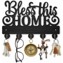 Bless This Home - Semn cu cârlig pentru chei din lemn, 29,5 x 19,1 cm, cu 5 bucăți