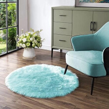 Alfombra redonda azul de piel sintética de 120 cm, lavable, suave, estilo bohemio, para dormitorio.
