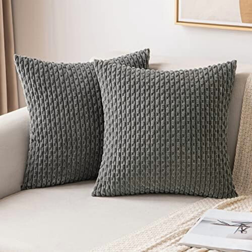 Fodere per cuscini in velluto a coste a righe stile boho, grigio scuro, 40x40 cm, 2 pezzi
