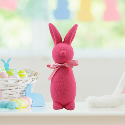 Flocked Easter Bunny Statue with Bow 9in 2