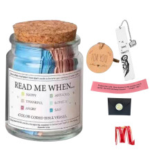 Cadeauset met Bijbelteksten: Glazen pot, 90 kaarten, ketting.