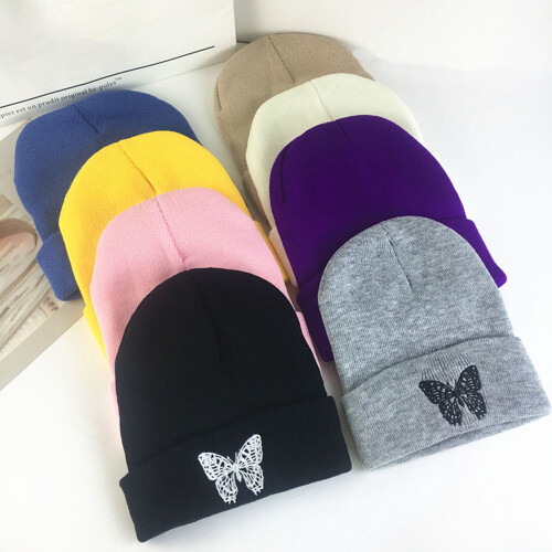 Butterfly Embroidered Knitted Beanie, Acrylic, One Size