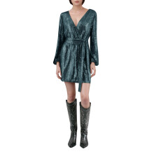 Women's Sequin Wrap Mini Dress with V-Neck and Puff Sleeves
