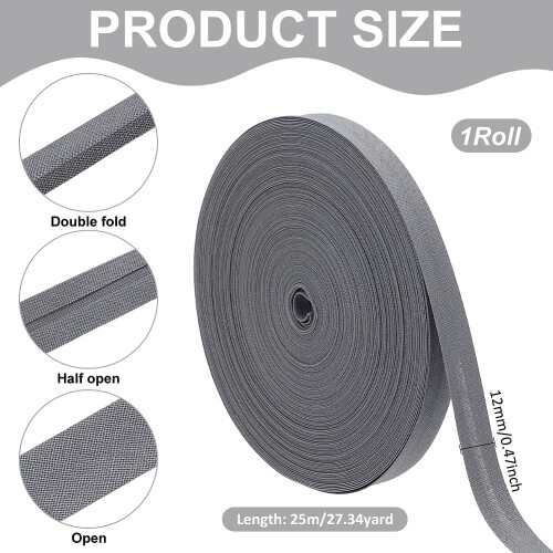 Fita de Viés de Algodão Cinza de 27,3 Jardas (25,3 m) - 1,2 cm (0,47 polegadas) - Dobra Simples - Ideal para Quilting, Acabamento e Bainha em 1