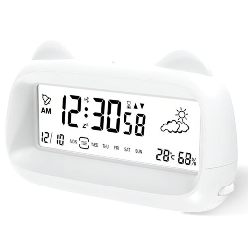 Digital Alarm Clock Display with Week Temperature Humidity Backlight Cat Shape for Kids Adults Bedside Battery Powered