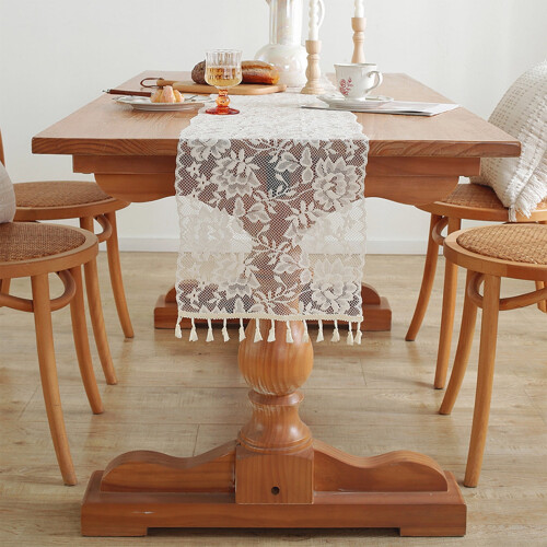 Lace Tassel Table Runner White 100x30cm