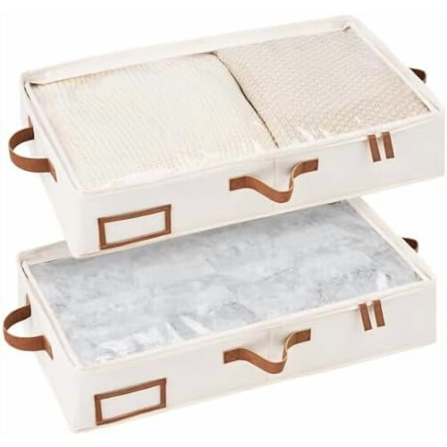 Contenitore sotto il letto con coperchio trasparente e maniglie.