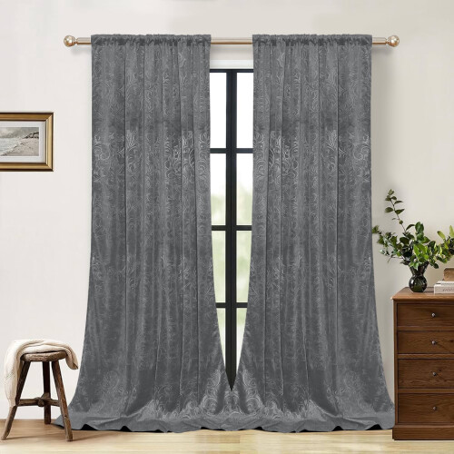 Crushed Velvet Curtains Scroll Floral Pattern 52" x 120"