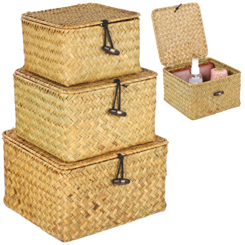 3-Pack Handwoven Seagrass Storage Baskets with Lid
