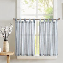 Linen Striped Tier Curtains 26x45 in Blue