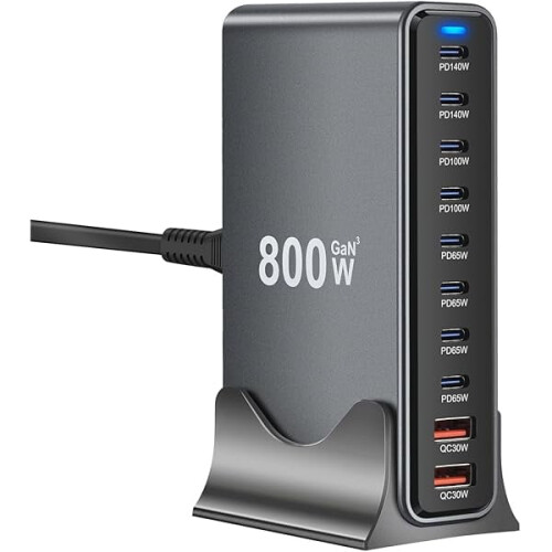 Σταθμός φόρτισης ZC800W GaN3USB-C 10 θυρών μαύρο