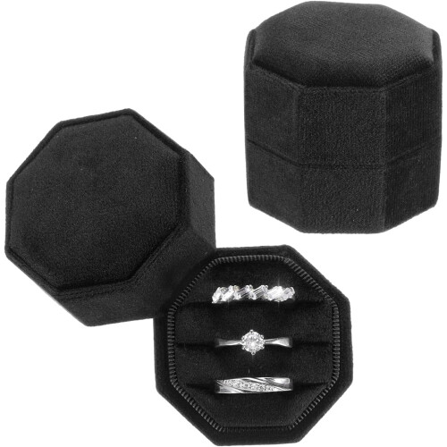 Octagonal Velvet Ring Box Set – 2 Pack, Black, 3-Slot