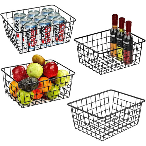 4 Black Metal Wire Storage Baskets