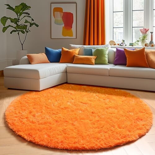 Orange round shag rug 5 ft fluffy plush carpet