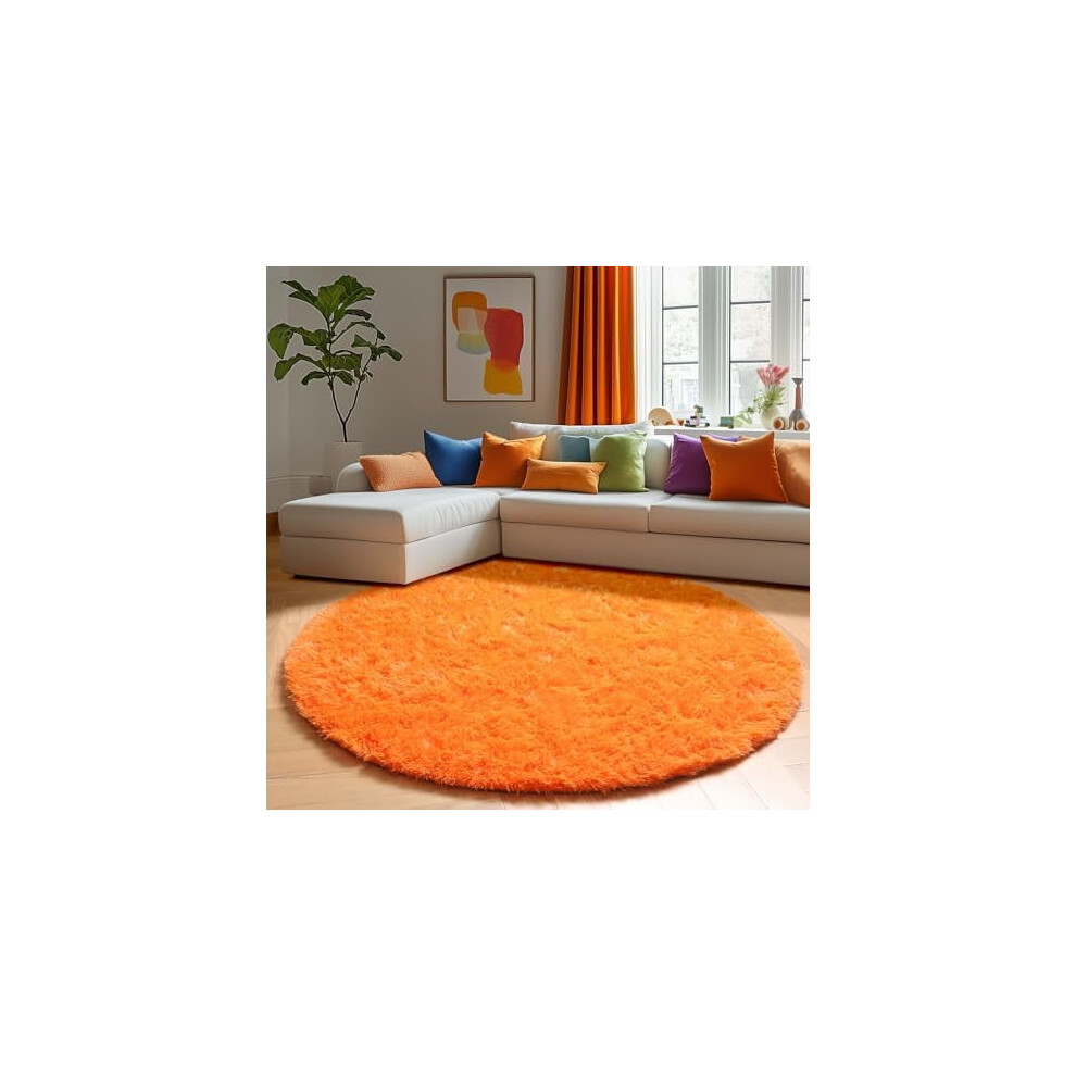 Round 5Ft Fluffy Shag Rug With Rubber Backing Orange