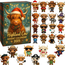 Calendario dell'Avvento con mucca delle Highlands, decorazione acrilica da 24 giorni