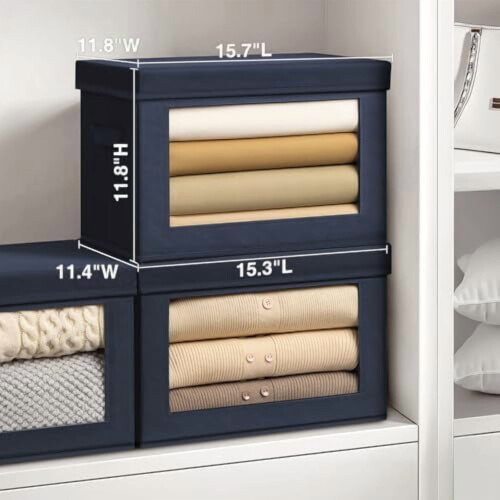 Stackable Storage Bins with Lids, Foldable Closet Boxes, Wardrobe Organizer with Window, 6-Pack Navy Blue 1