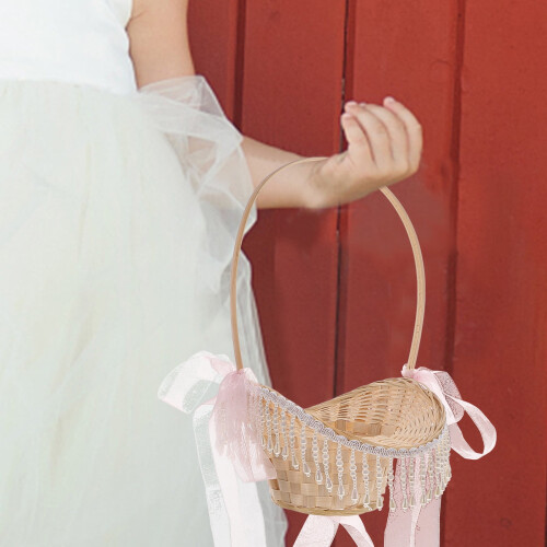 Pink Bamboo Flower Girl Basket with Handle