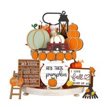 Fall Tiered Tray Decor Set – Wooden Pumpkin Maple Leaf