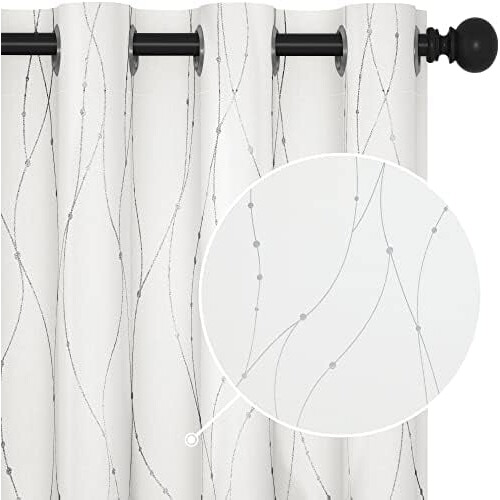 White Thermal Blackout Curtains with Silver Wave Print,
