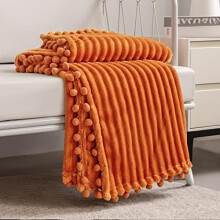 Fleece Blanket Twin 60x80 in Orange with Pompom Trim