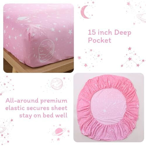 Gradient Pink Moon Stars Kids Sheet Set Full Size, 4 Piece Space Theme Microfiber Sheets Deep Pocket 2