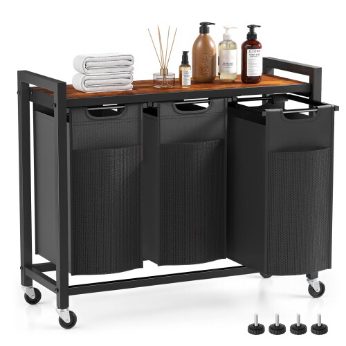 3-Compartment Laundry Hamper with Shelf and Wheels