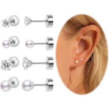 Titanium platte oorknopjes set: CZ & parel