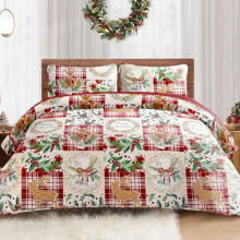Vendbart blomstermønster-quiltsæt i queen size med 2 puder