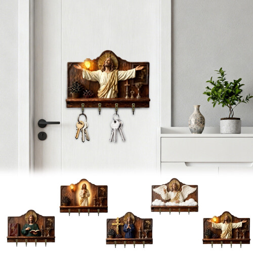 Wooden Wall-Mounted Key Holder with 4 Hooks