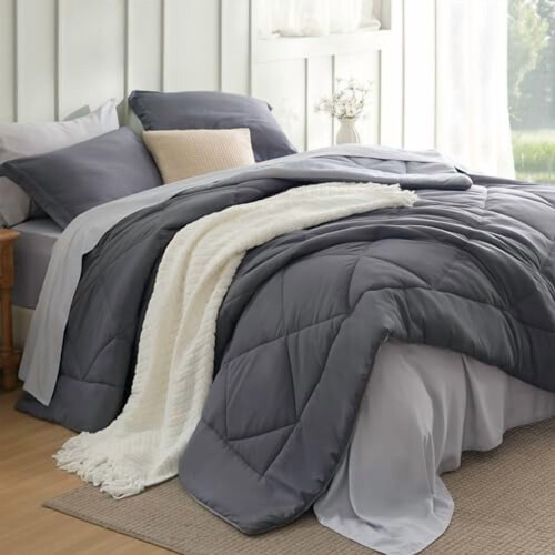 Ensemble de couette réversible Queen gris foncé 7 pièces