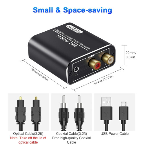 192kHz DAC-lydkonverter – Optisk/koaksial til RCA &