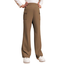 Solid Flare Pants for Kids, Elastic Waist & Pockets, Brown, 9-10 Years, Stylish Stretch Outdoor Hiking Trousers