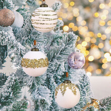 6Pcs Christmas Ball Ornaments Set 8CM Flocked Christmas Hanging Balls Glitter Plastic Balls Christmas Tree Ornament, Pink
