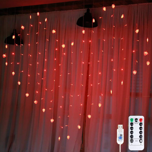 Heart-Shaped USB LED Curtain Lights, 128 LEDs, Remote