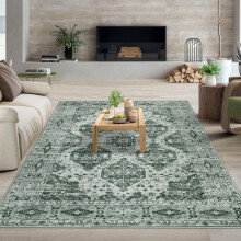 Tapis vintage 152 x 213 cm, motif médaillon irrégulier, ultra-fin et antidérapant, imprimé floral, idéal pour le salon, la salle à manger, la