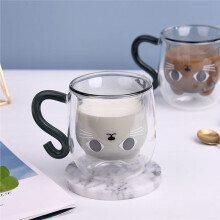 Glass Cup Double Wall 250ml Cute Cat Home Coffee Mug with Handle for Hot and Cold Milk Tea Juice Transparent Drinkware A