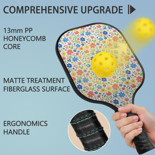 Σετ κουπιών Pickleball με κουπιά από fiberglass σε σχέδια λουλουδιών, 2 μπάλες και τσάντα – 1