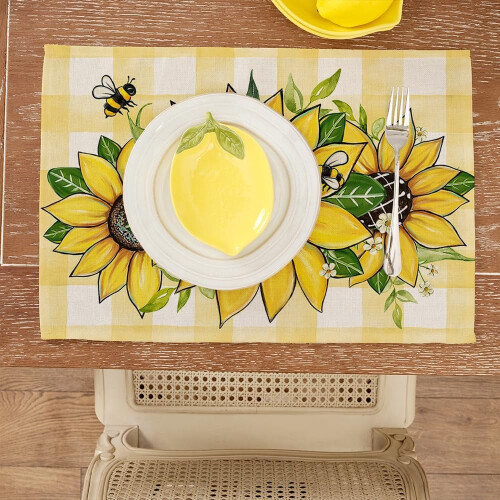 Sunflower Bee Table Mats Buffalo Plaid Burlap 4PCS 1