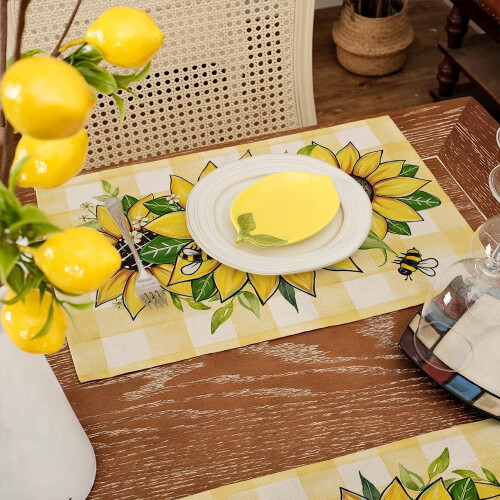 Sunflower Bee Table Mats Buffalo Plaid Burlap 4PCS 2